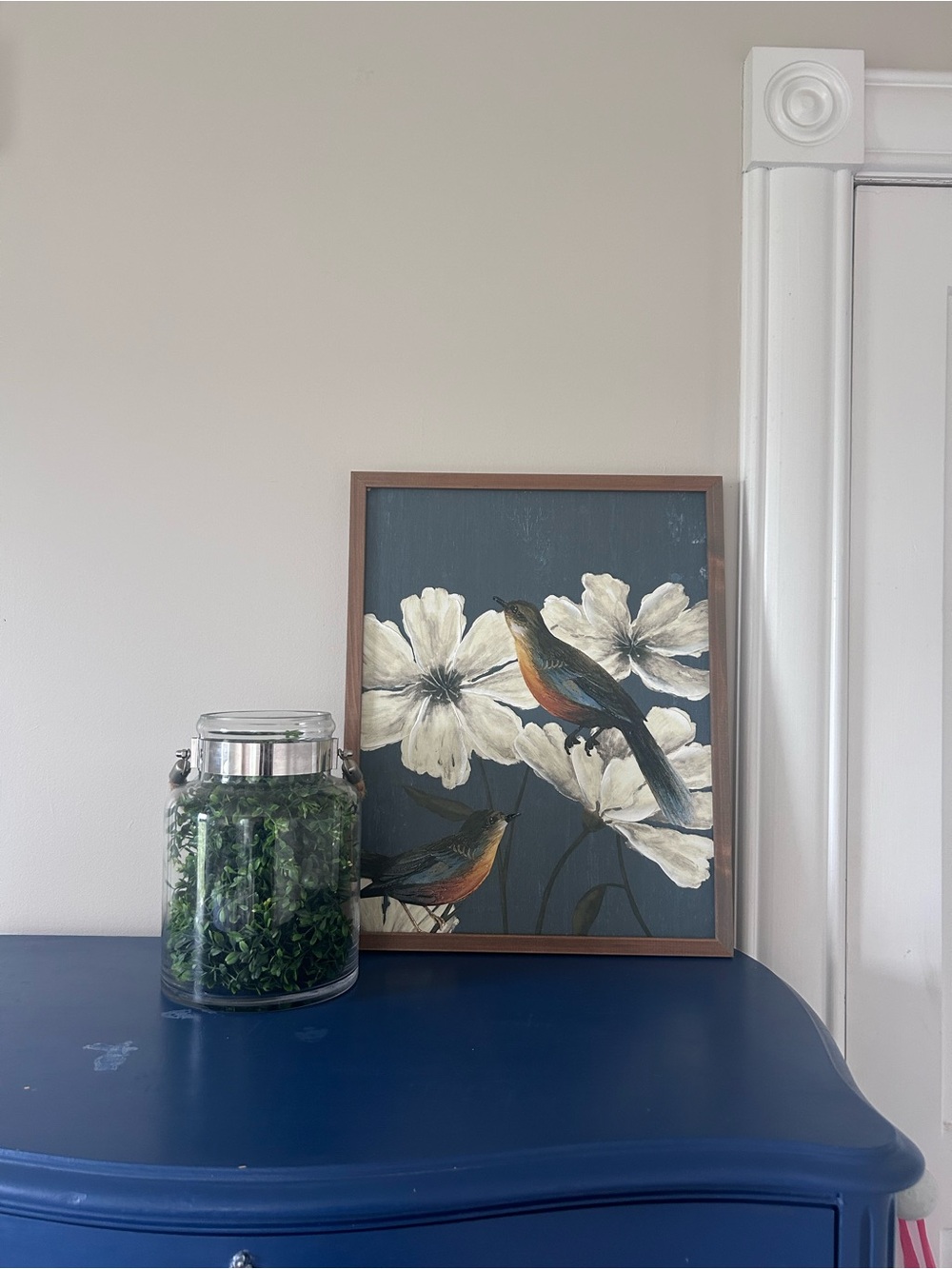 Framed Bird & Floral Wall Art - Glass Vase Decor